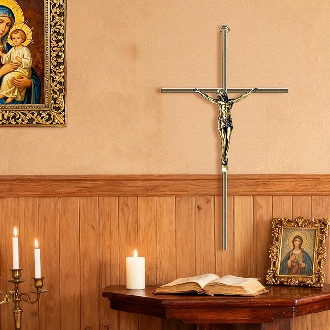 KUXBET Catholic Crucifix Wall Cross, 21 inch Metal Jesus Christ Cross, Handmade Hanging Wall Décor for Home, Religious Devout Give Faith Gift (21.0inch, Vintage)