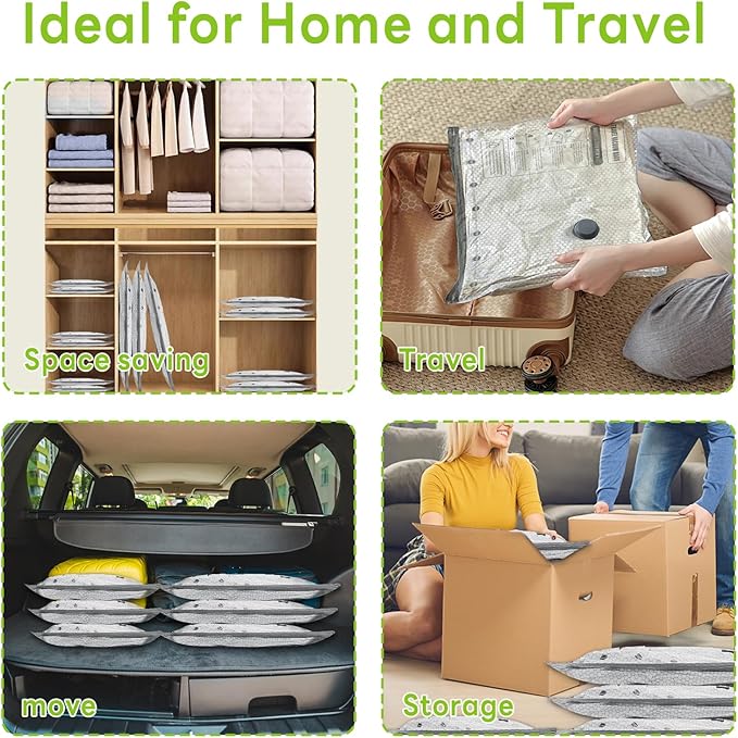 12 Pack Vacuum Bags for Travel with Rechargeable USB Pump,Space Saver Vacuum Storage Bags for Luggage and Suitcase,Portable Seal Bags for Clothes and Clothing Travel