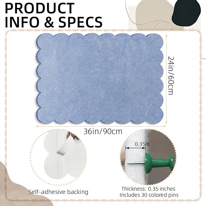 Scalloped Felt Board 36x24 Inches - Self-Adhesive Foldable, with 30 Pushpins, Cork Board Alternative - Decorative Pin Board for Wall, Home, Office & School (Light Blue, 36"x 24")