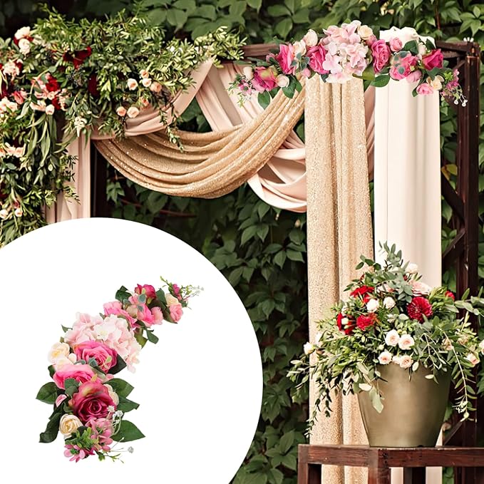 LIFKOME Wedding Arch Flowers Rustic Artificial Rose Flower Swag Door Wreath for Lintel Home Wall Decor 28X6X3 Inches Pink Green Leaves