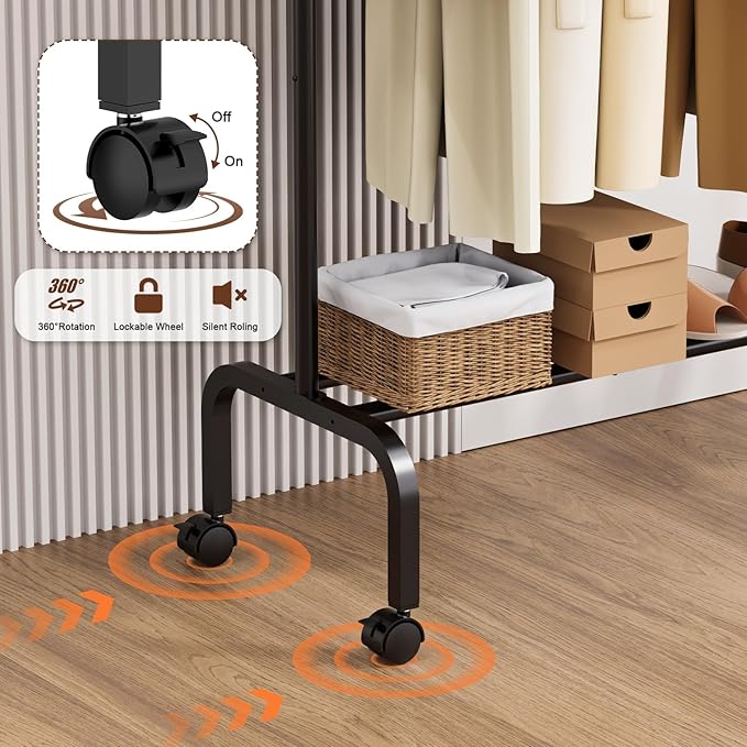 Rolling Clothing Racks for Hanging Clothes, Garment Rack for Clothes to Hang, Metal Portable Wardrobe Rack for Coats, Jackets, Shirts, Dress,Black
