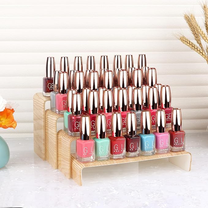 ELEGANTLIFE Acrylic Display Risers Set of 4, 4-Level Tiered Display Stands for Cupcakes, Small Figures & Jewelry, Compact Countertop Display Shelf, Multiple Colors Available (Light Wood Grain)