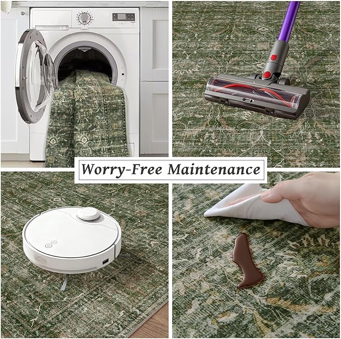 Washable 2x3 Entryway Rug, Boho Non-Slip Door Mat Vintage Distress Small Rugs for Kitchen Nursery Office Bedroom, 0.3" Neutral Oriental Throw Carpet with Cushioning Pad, Grass Green/Multi