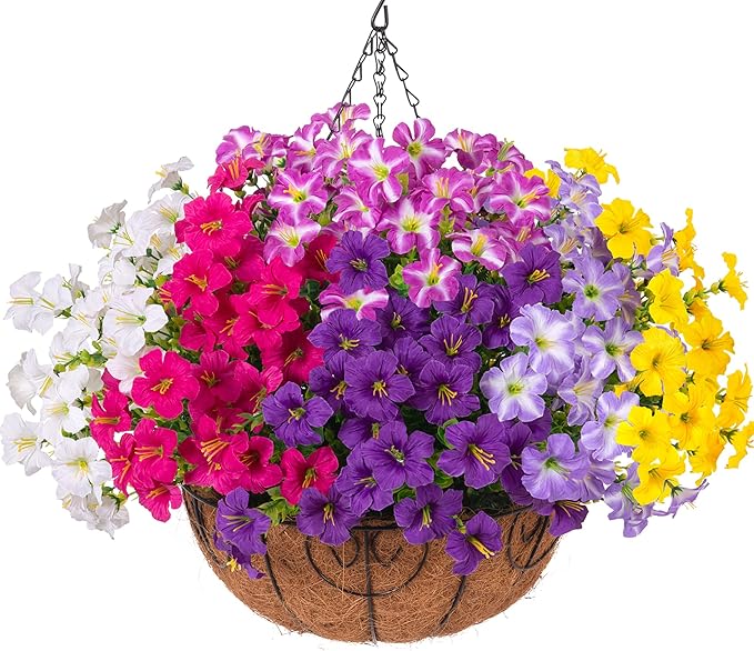 INSPRING Artificial Outdoor Flowers Hanging Baskets Faux Plants Spring Decoration, UV Resistant Fake Silk Morning Glory in Planter Look Real Petunias for Outside Patio Porch Balcony Garden Home, 6Mix