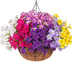 INSPRING Artificial Outdoor Flowers Hanging Baskets Faux Plants Spring Decoration, UV Resistant Fake Silk Morning Glory in Planter Look Real Petunias for Outside Patio Porch Balcony Garden Home, 6Mix
