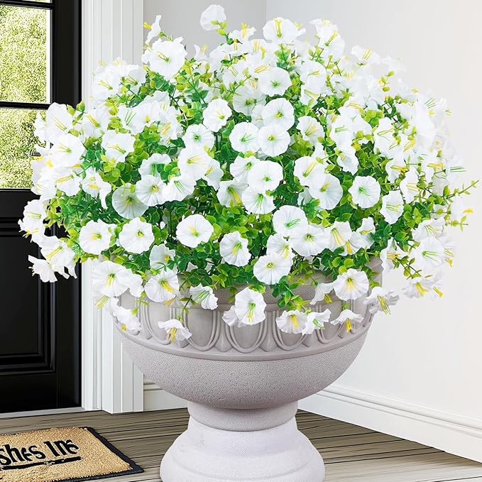 MARTINE MALL 12 Bundles Look Real Artificial Flowers for Outdoors, Realistic Fake Outdoor Flowers, UV Resistant Silk Petunia Flowers for Outside Faux Flowers Plants for Outdoor Porch, White
