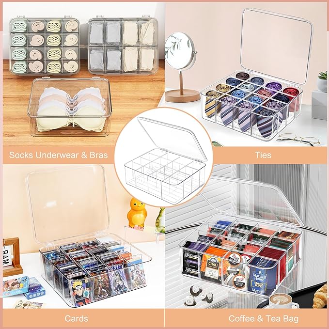 Sock Underwear Organizer, 16 Compartment Adjustable Dividers Tie Bras Socks Underwear Drawer Organizers for Closet, Clear Plastic Storage Containers Box with Lids for Bra Ties Scarf Socks
