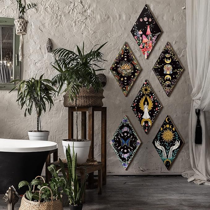 Qunclay 6 Pcs Witchy Gothic Wall Decor Rustic Boho Home Decor Sun Moon Mushroom Phases Wall Art Gothic Star Hanging Wooden Decoration Farmhouse Pediments for Bedroom Living Room Gallery(Moon Sun)
