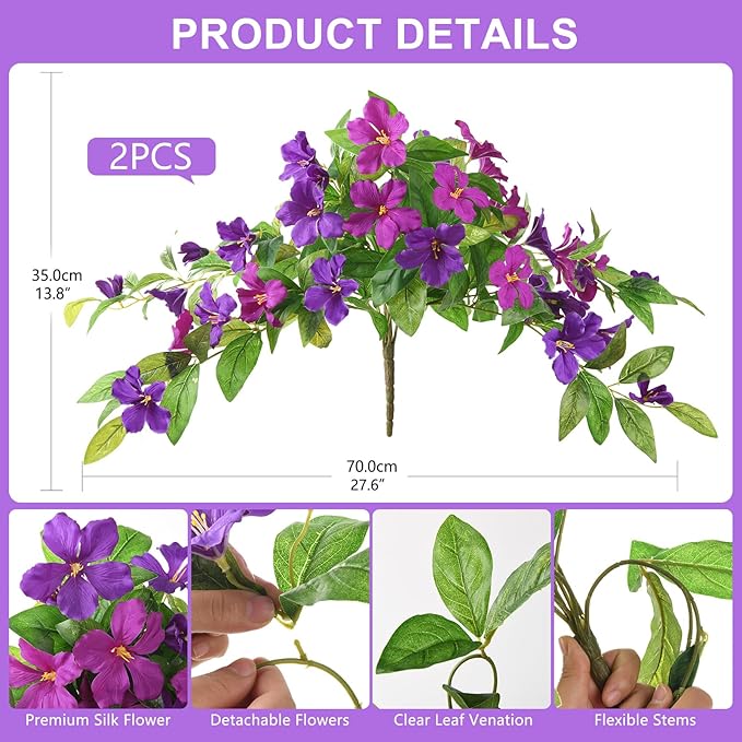 Homsunny Artificial Fake Flowers Plants Outdoor, 2PCS Realistic Faux Silk Flowers UV Resistant Fake Outdoor Flowers for Spring Outside Porch Garden and Home Patio Yard Decor (Light Purple Red)