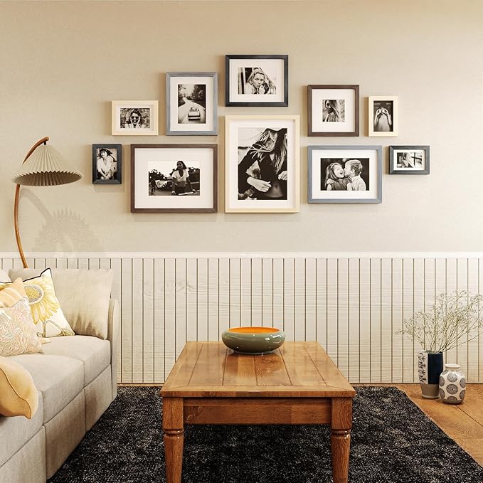 Egofine 9x12 Picture Frame Set of 4, Made of Solid Wood Multicolor Photo Frames Covered by Plexiglass 5x7 and 6x8 with Mat or 9x12 without Mat, for Table Top Display and Wall Mounting Mixed Colors