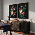 Large Framed Vintage Floral Wall Art Set of 2, Colorful Rustic Farmhouse Botanical Canvas Prints, Moody Cottage Core Peony Flower Pictures Wall Decor for Living Room Bedroom Dining Room, 24x36