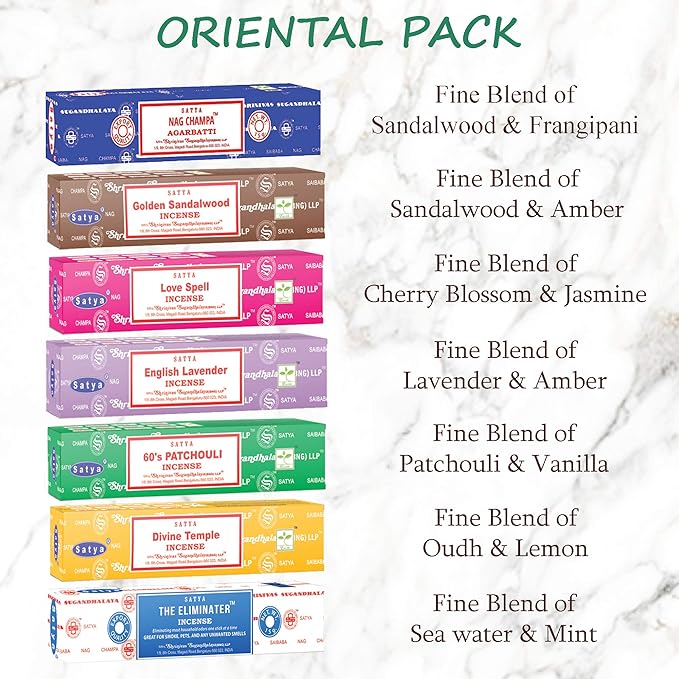 Satya Incense Sticks Gift Set, 7, Scents Nag Champa, 60s Patchouli, The Eliminater, Divine Temple, Love Spell, Golden Sandalwood, English Lavender, 15 g Each (Oriental Mix)