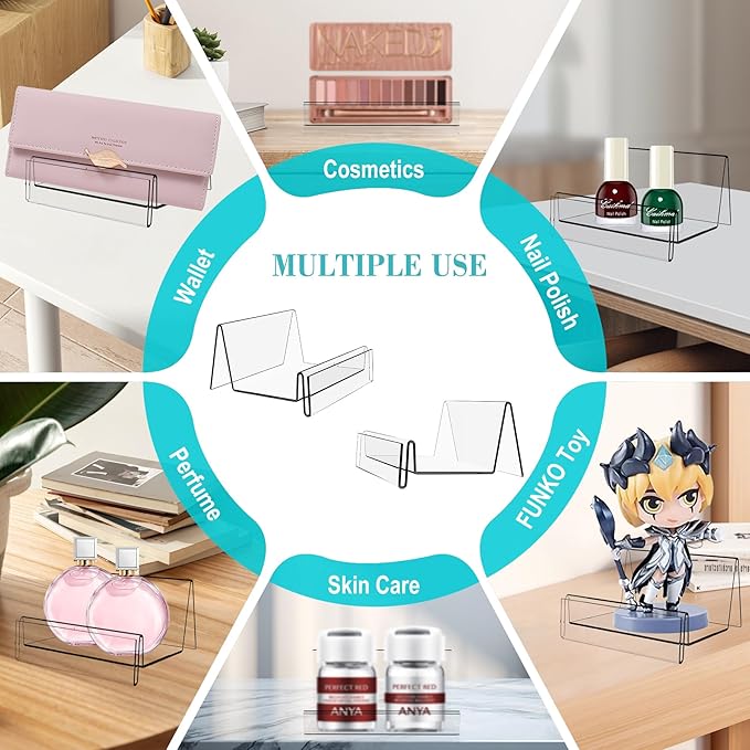 Boloyo Acrylic Display Stand with Sign Plate, 6PC Clear Display Easel Wallet Display Riser Holder, Acrylic Perfume Display Holder for Displaying Wallet, Figure , Cosmetic, Jewelry ,Makeups, Glasses (Small, 6PC)