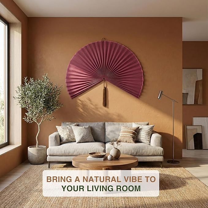 Big Fan Decor 60", Bamboo Wall Fan for King Bed, Japanese Wall Fan Light Pink Handwoven Art, Massive Aesthetic Hanging, Hook Included (Light Pink)