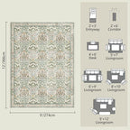 9x12 Washable Area Rug, Soft Non Slip Low Pile Rug for Living Room, Bedroom, Large Dining Room, Vintage Floral Design, Stain Resistant Carpet