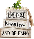 Moucuny 4 Pcs Inspirational Farmhouse Table Decor Rustic Stacked Wooden Block Sign - Live More Worry Less Be Happy Centerpieces Set with Beaded Tassel and Artificial Plant for Home, Office, Shelf Gift