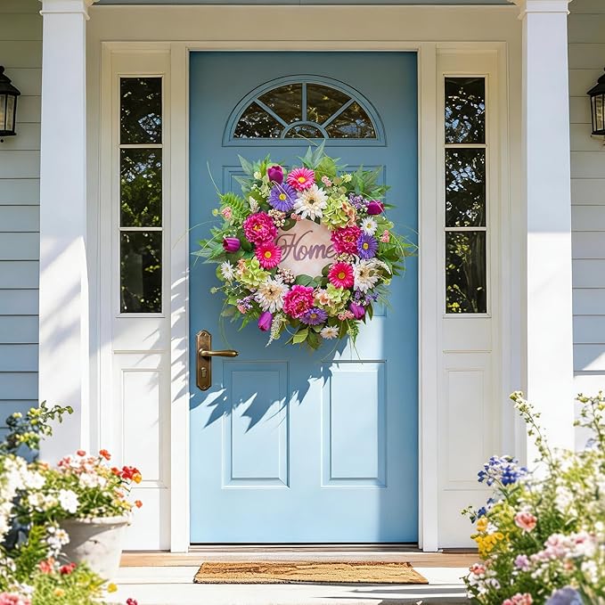 Spring Wreaths for Front Door- 24Inch Summer Wreaths with DIY Wooden Home Sign, Artificial Hydrangea, Peony, Tulip & Gerbera Flowers, Spring and Summer Door Wreaths for Indoor Outdoor Decor