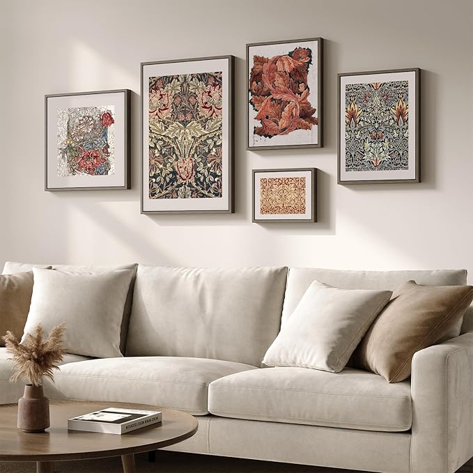 Framed William Morris Gallery Wall Art Set of 5, Vintage Colorful Botanical Floral Prints, Retro Boho Artwork for Living Room, Bedroom, Home Office, Hallway Decor