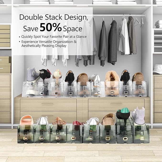 Yes!Fresh Shoe Slots Organizer, Boutique Display Style Shoe Stacker for A Pair of Shoes, Separable Shoe Rack for Closet Organization, 3 Adjustable Narrow Shoe Rack (Clear, 2 Pack)