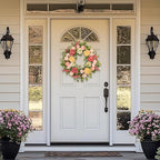 22 Inch Spring Summer Wreath for Front Door, Realistic Silk Peony & Hydrangea Wreath with Yellow Pink Flowers Grain Stems, Artificial Floral Wreath for Indoor Outdoor Porch Wall Farmhouse Decor