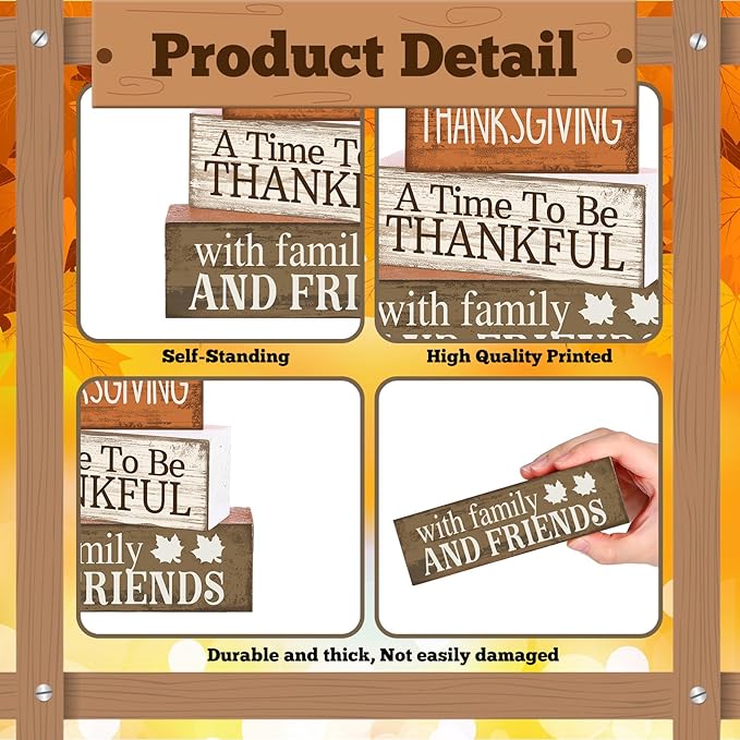 Lineshading 4 Pcs Fall Decoration for Home Wooden Turkey Decor "A Time to Be Thankful" Table Sign with Turkey & Pumpkin Topper, Thanksgiving Centerpiece Rustic Fall Tiered Tray Decor for Home Kitchen