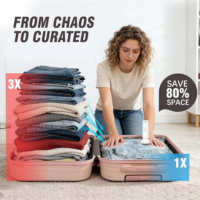 Vacuum Storage Bags for Travel, 15 Pack Vacuum Seal Bags for Clothing With Wireless Electric Pump, Space Saver Bags for Luggage, Clothes, Seasonal Storage- Vacuum Compression Bags Travel Essentials