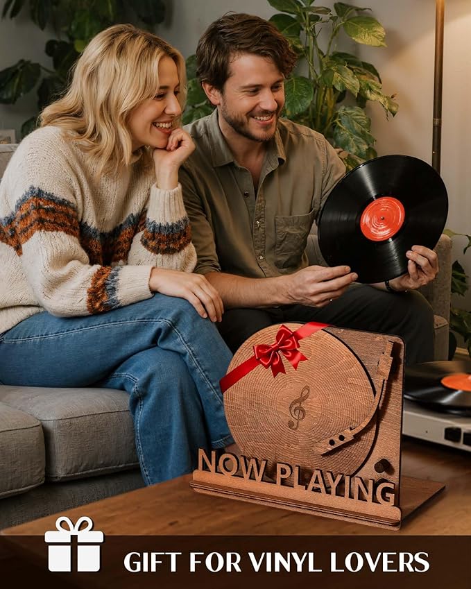 BS-VOG Now Playing Vinyl Record Stand, Tabletop Wooden Record Holder, Now Spinning Vinyl Stand Storage for Albums Magazine, Vintage Album Display Organizer Rack for LP Enthusiast