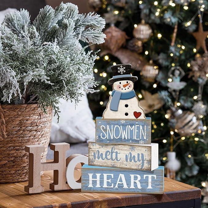 Moucuny 4 Pcs Winter Table Decorations Blue and White Snowman Decor Winter Tiered Tray Decor Valentines Day Centerpiece Rustic Decorative Hat Snowman Block Signs Gift Farmhouse for Home Kitchen Shelf