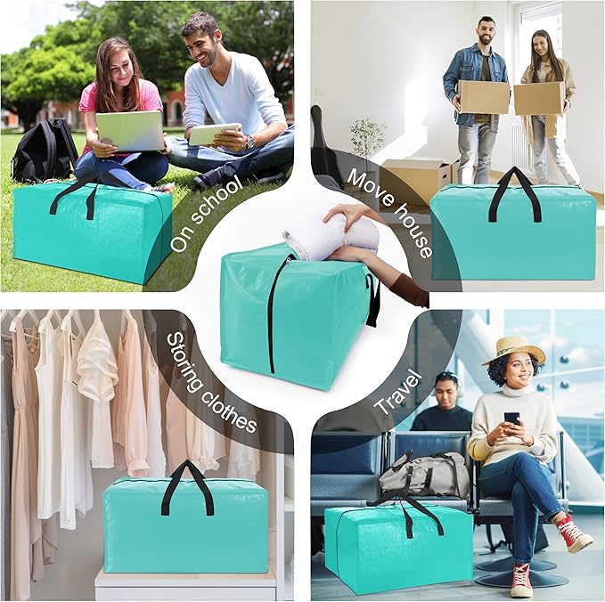 6 Pack Heavy Duty Large Moving Bags W/Backpack Straps - Strong Handles & Zippers, Storage Totes For Space Saving, Fold Flat, Alternative to Moving Box and Storage Bin, Aquamarine
