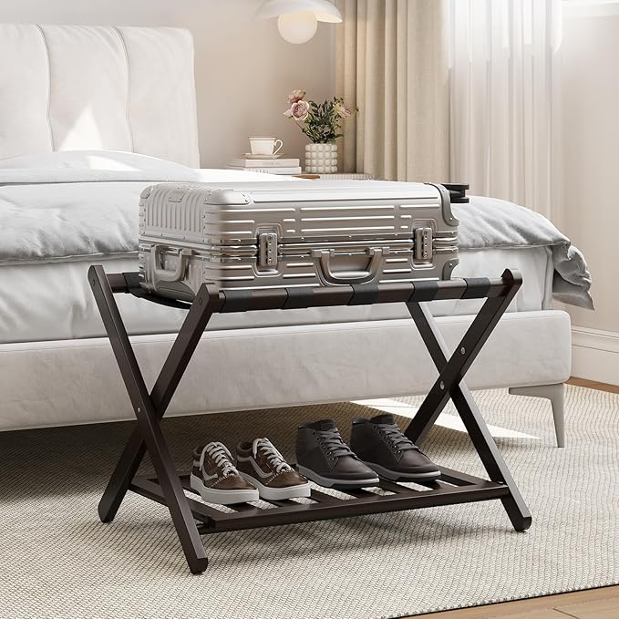 Fully Assembled Bamboo Luggage Rack, Folding Suitcase Stand with 5 Nylon Straps, Luggage Holders with Shelf, Ideal for Guest Room, Bedroom, Hotel, Espresso