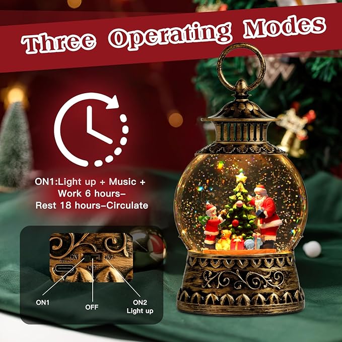 Christmas Santa Snow Globe, Christmas Musical Snow Globe Lantern Lights with 6H Timer Battery & USB Powered, Retro Style Holiday Glitter Globe for Xmas Home Decoration Holiday Party Gifts