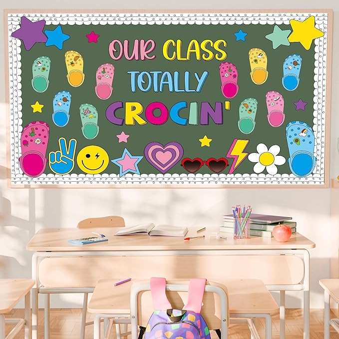 Summer Bulletin Board Decorations Set June Our Class Totally Crocin' Clsssroom Decor Smile Face Groovy Retro Colorful Shoe Charms Paper Cutouts for Back to School Chalkboard Wall Door Teacher Supplies