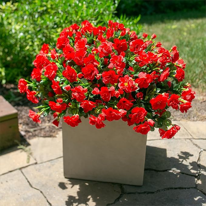 Artificial Christmas Flowers for Spring Outdoor Outside Decor, Fake Silk Red Camellia Flower UV Resistant Realistic Plants for Planter Front Door Porch Patio Table Indoor Holiday, 3 Large Bundles