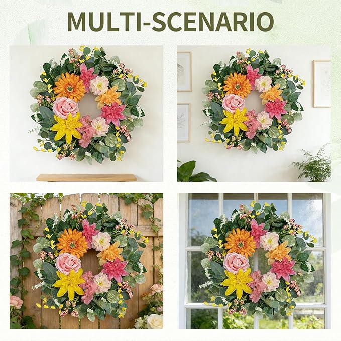 Spring Wreaths for Front Door 24 Inch,Outdoor Front Door Wreath with Florals Peony & Rose, Artificial Spring Summer Wreath for Porch Garden Wall Window Farmhouse Indoor Outdoor Home Decor