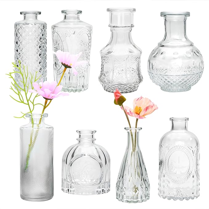 Brajttt Clear Flower Vase Set, Glass Bud Vase in Bulk Set of 8,Artistic and Cultural Flavor Mini Vases for Home Office Decor, Bedroom, Office, Living Room Decorations,Wedding