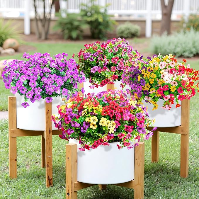 Artificial Flowers for Outdoors,Faux Flowers Daisy with Eucalyptus Leaves for Indoor Garden Home Decor,UV Resistant Artificial Flower Fake Plants for Porch, 12 Bundles (Mix Pink Red Purple Yellow)