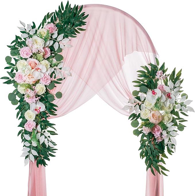 Lisuun Wedding Arch Flowers, Artificial Flowers for Decoration, 2pcs Flower Swag and 1 pcs Semi-Sheer Chiffon Table Runner Swag for Beautiful Dream Wedding Ceremony Floral Decor - Pack of 3
