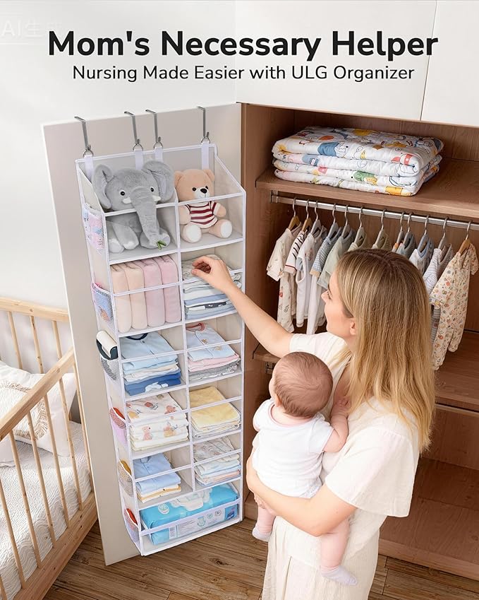 ULG Over the Door Organizer, 6-Tier Hanging Storage with Clear Windows, 19 Pockets for Closet, Pantry, Bathroom & Nursery Doors, Extra Large Storage Space with 4 Hooks