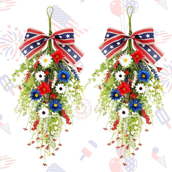 24inch Patriotic Red, White and Blue Floral Swag Wreath for Front Door Patriotic American Floral Teardrop Swags 4th of July Independence Day Rings Wreaths for Pillars Porch Wall Window Decor