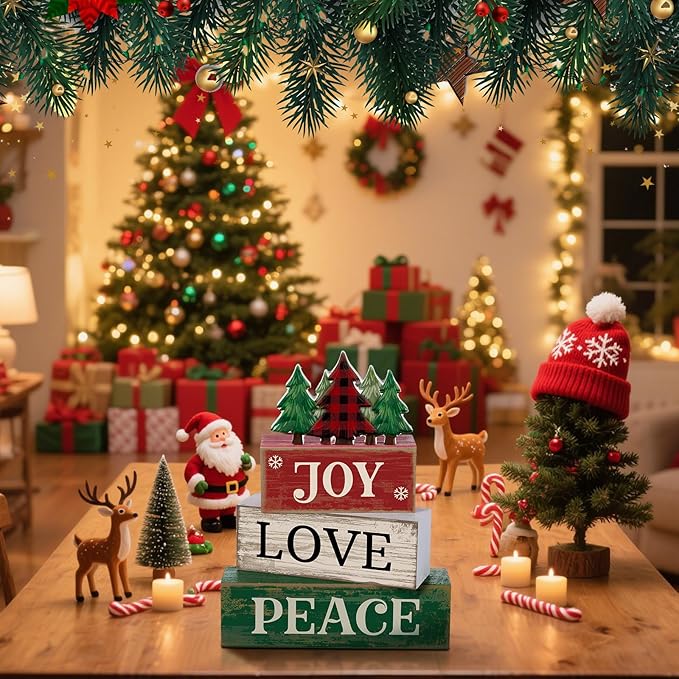 Lineshading 4 Pcs Christmas Table Decor Christmas Tree Centerpiece Joy Peace Love Sign Rustic Decorative Tree Block Signs Gift Winter Tiered Tray Decor Farmhouse for Home Xmas Party Kitchen Shelf