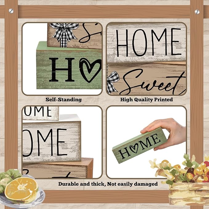 Moucuny 4 Pcs Wooden Farmhouse Table Decor Rustic Home Sweet Home Stacked Blocks Decoration Farmhouse Tiered Tray Decor Decorative Eucalyptus Block Signs Bless Gift for Kitchen Shelf Coffee Table