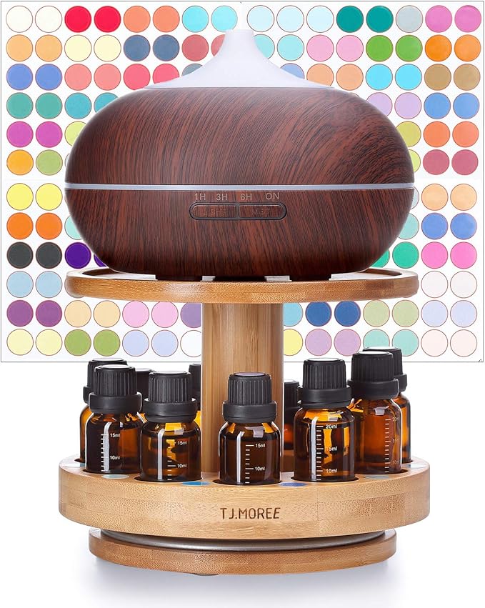 TJ.MOREE Bamboo Diffuser Holder Carousel- 2 Tier Height Increase Rack with Upper Tray for Holding Diffuser, for 5ml, 10ml, 15ml, 20ml Essential Oils Bottles