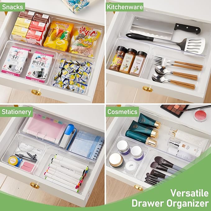 4PCS Clear Plastic Drawer Organizer Tray, 12'' Large Acrylic Vanity Bathroom Drawer Organizers Trays, Desk Drawer Organizer Bins for Cosmetics, Makeup, Kitchen, Office, Junk Drawer Organization