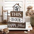 Cinnvoice 4 Pcs Farmhouse Tabletop Decor Rustic Family Blessed Home Table Centerpiece This Is Us Sign for Kitchen Shelf Desk Fireplace Mantel Tiered Tray Decor(Home This is Our Happy Place)