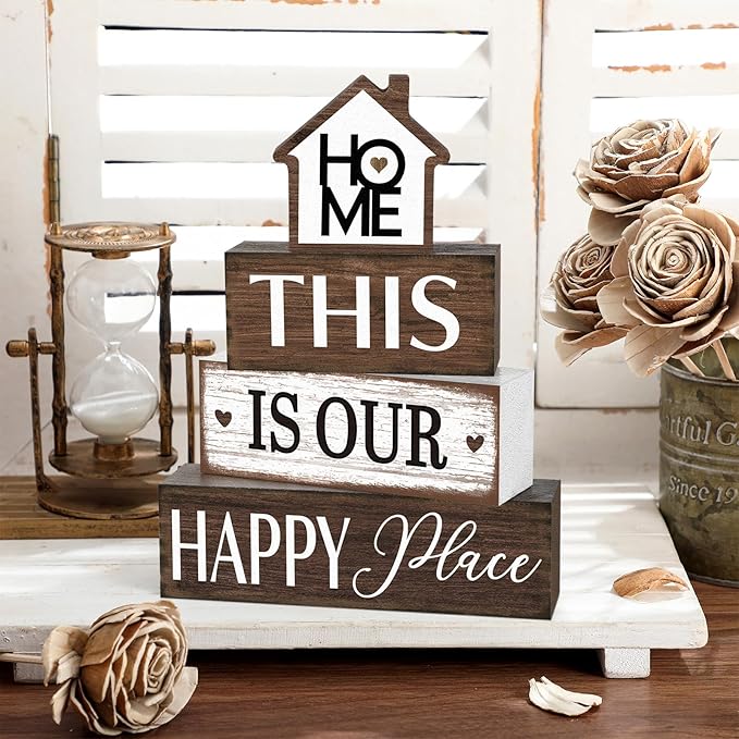 Cinnvoice 4 Pcs Farmhouse Tabletop Decor Rustic Family Blessed Home Table Centerpiece This Is Us Sign for Kitchen Shelf Desk Fireplace Mantel Tiered Tray Decor(Home This is Our Happy Place)