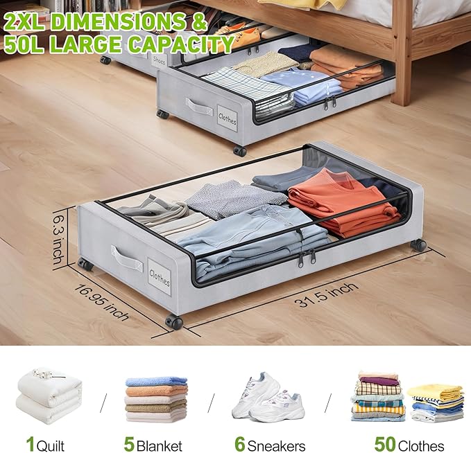 Under Bed Storage with Wheels, 2-Pack Underbed Storage Containers with Clear Lids, Under Bed Shoe Storage Organizer Bins, Rolling Under Bed Storage for Clothes Shoes Blankets (Grey)