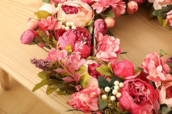 Peony Wreaths for Front Door | 23 inch Spring Front Door Wreath Summer Fall Wreaths for Outside Door or Window Decor
