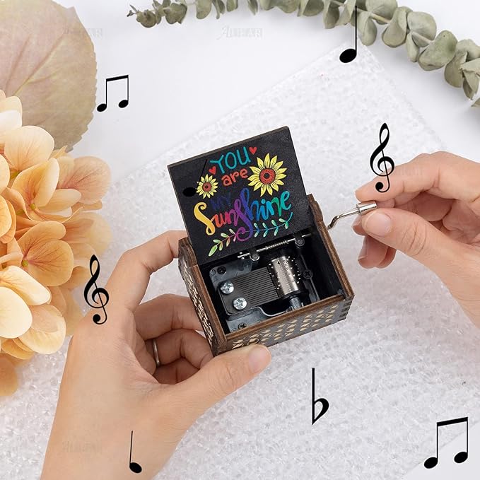 AUEAR, You are My Sunshine Wooden Music Box Hand Crank Laser Engraved Vintage Musical Small Unique Gift for Birthday Wedding Christmas Valentines Day (Style B)