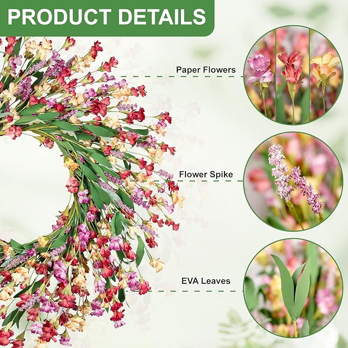 Artgar Front Door Wreath 26 Inch Spring/Summer Wreaths for Front Door, Front Door Wreaths for All Seasons for Indoor Outdoor Home Office Wall Window Wedding Farmhouse Decor (Red&Orange&Purple)