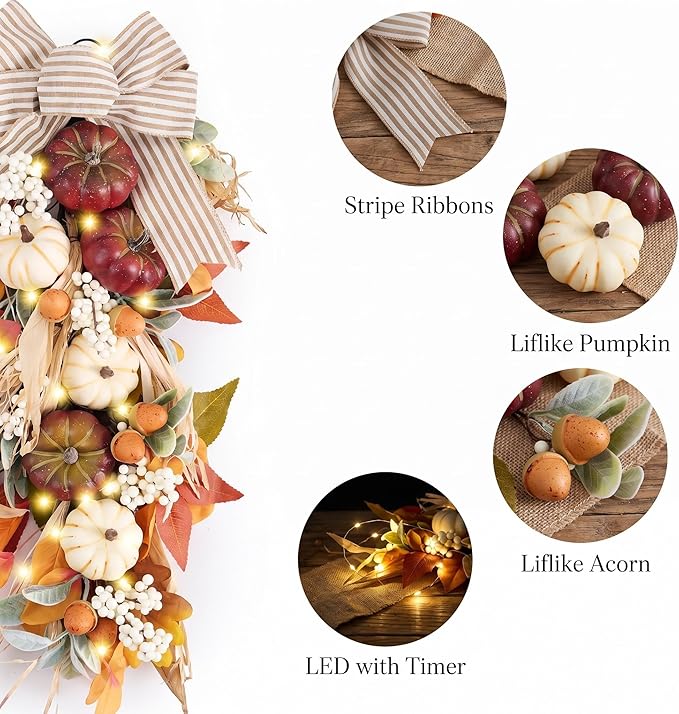 Valery Madelyn 24 inch Fall Pumpkin Teardrop Swag Autumn Harvest Door Hanger with Striped Bow, Mini Pumpkins, Eucalyptus, Raffia & Berry Sprays for Front Door, Mantel Thanksgiving Table Centerpiece
